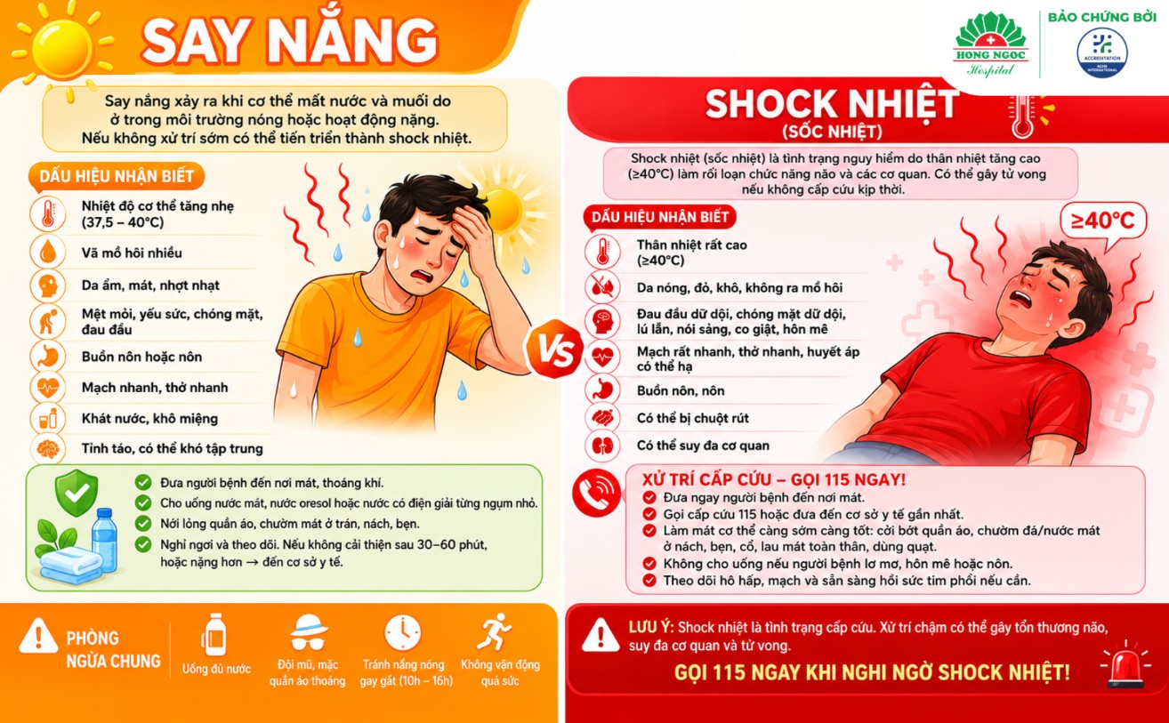 Các dấu hiệu của say nắng/say nóng và sốc nhiệt dễ bị nhầm lẫn - Ảnh: BVCC