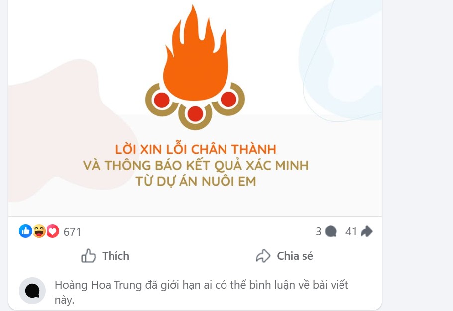 Hoàng Hoa Trung lập tức khóa chức năng bình luận dưới bài viết