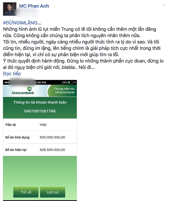MC Phan Anh từng đăng bài kêu gọi và tự bỏ ra 500 triệu trước gửi vào STK cá nhân mình.