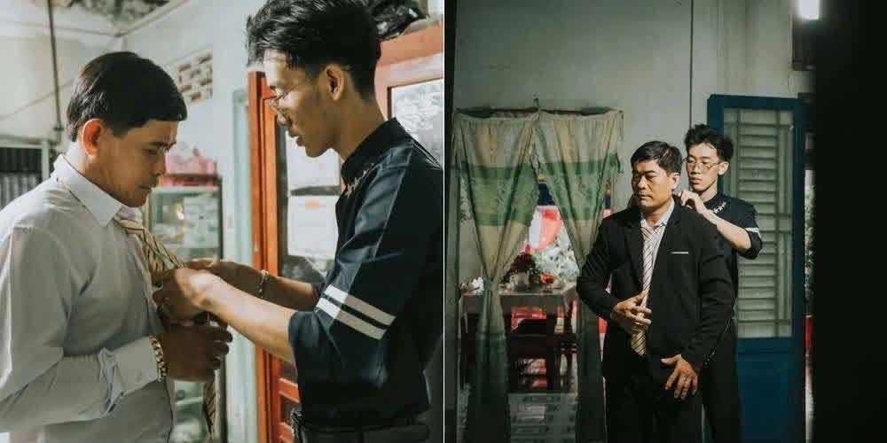 Tiến Đức giúp ba chỉnh lại trang phục trước giờ làm lễ. Ảnh: erc282233.
