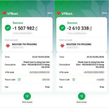 Hóa đơn tiền điện tháng trước và tháng này của gia đình chị Phượng