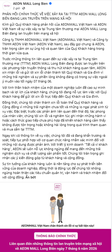 Đến sáng ngày 9/6, AEON Mall mới chính thức lên tiếng xin lỗi