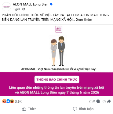 Xin lỗi công khai được AEON Mall đăng tải trên Fanpage