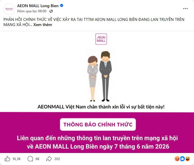 Bài đăng đầu tiên của AEON Mall Long Biên sau sự việc.