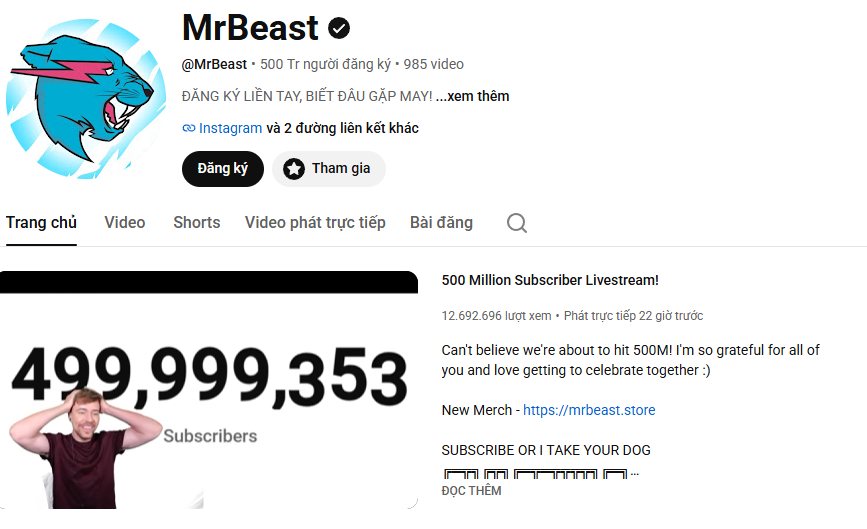 Khoảnh khắc Mr.Beast đón chờ cột mốc 500 triệu lượt đăng ký kênh.