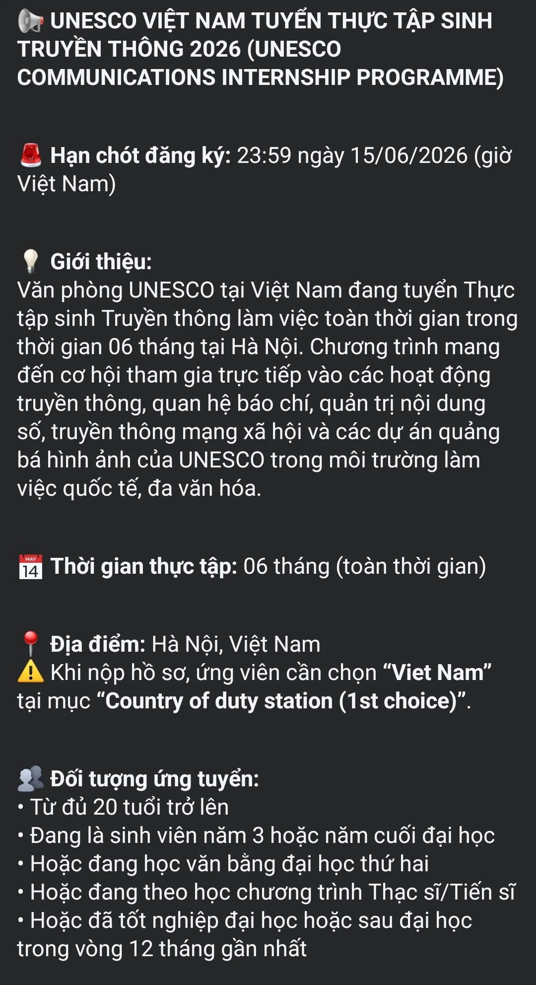 UNESCO tuyển thực tập sinh không lương, JD dài đến mức nhiều người tưởng đang tuyển cả một phòng truyền thông