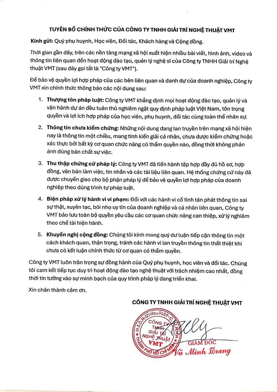 VMT Entertainment lên tiếng sau ồn ào vụ nữ ca sĩ 14 tuổi cầu cứu vì bị lạm dụng