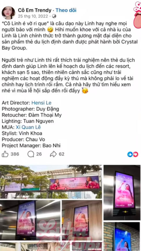 Bài đăng quảng cáo cho công ty Crystal Bay Group trước khi nổ ra lùm xùm “hợp đồng kỳ nghỉ” của Khánh Linh bất ngờ bị đào lại và chia sẻ rộng rãi (Ảnh: Threads)