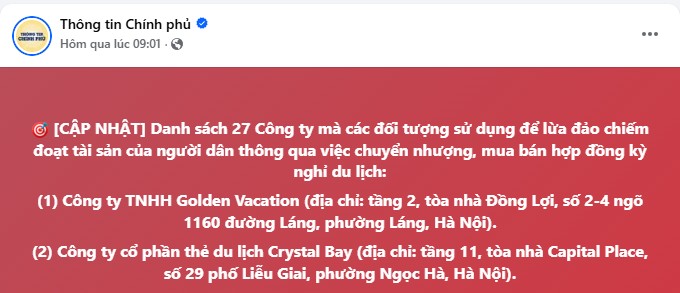 Danh sách xuất hiện tên Công ty CP thẻ du lịch Crystal Bay.