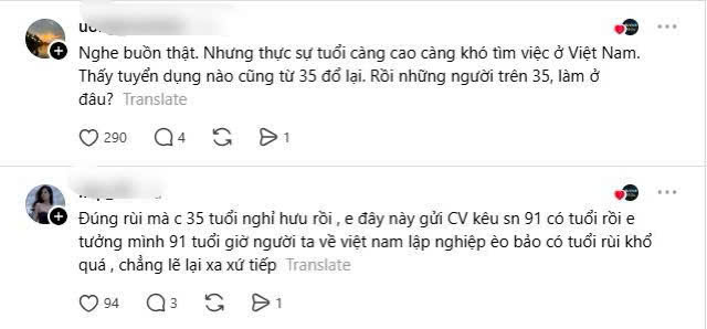   Dưới phần bình luận, nhiều người lao động cho biết họ cũng gặp khó khăn khi tìm việc sau tuổi 30. Những chia sẻ này đã mở ra cuộc thảo luận về áp lực cạnh tranh và cơ hội nghề nghiệp của nhóm lao động có nhiều năm kinh nghiệm trên thị trường việc làm hiện nay (Ảnh: Threads)  