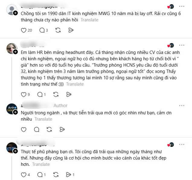 Không chỉ người lao động, nhiều nhân sự làm trong lĩnh vực tuyển dụng (HR) cũng tham gia thảo luận. Những chia sẻ của họ cũng phần nào phản ánh các tiêu chí tuyển dụng đang được nhiều doanh nghiệp áp dụng, trong đó độ tuổi vẫn là một yếu tố được cân nhắc đối với một số vị trí (Ảnh: Threads)