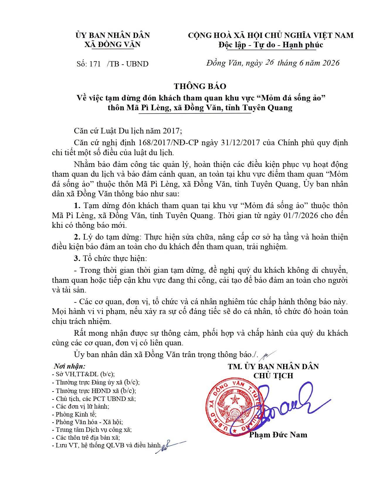 Thông báo được đăng tải trên trang FB chính thức của Sở Văn hóa, Thể thao và Du lịch tỉnh Tuyên Quang