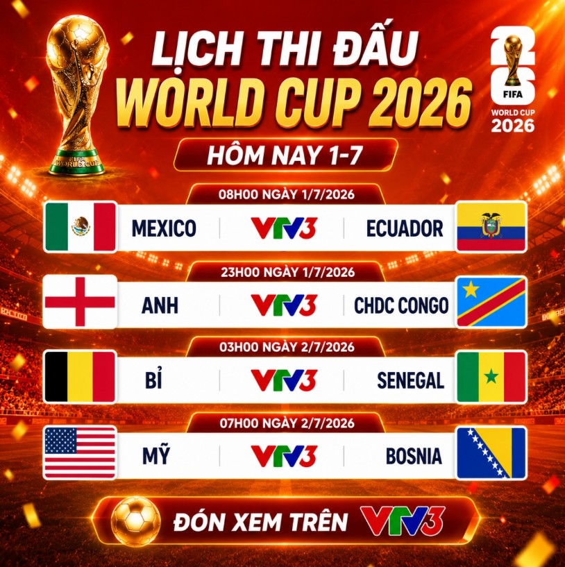 Lịch thi đấu và trực tiếp World Cup 2026 hôm nay 1/7