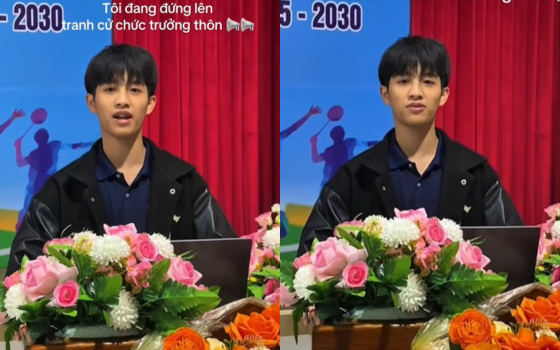 Nghiêm túc đứng trước bục phát biểu. Ảnh: @lemanhnghean