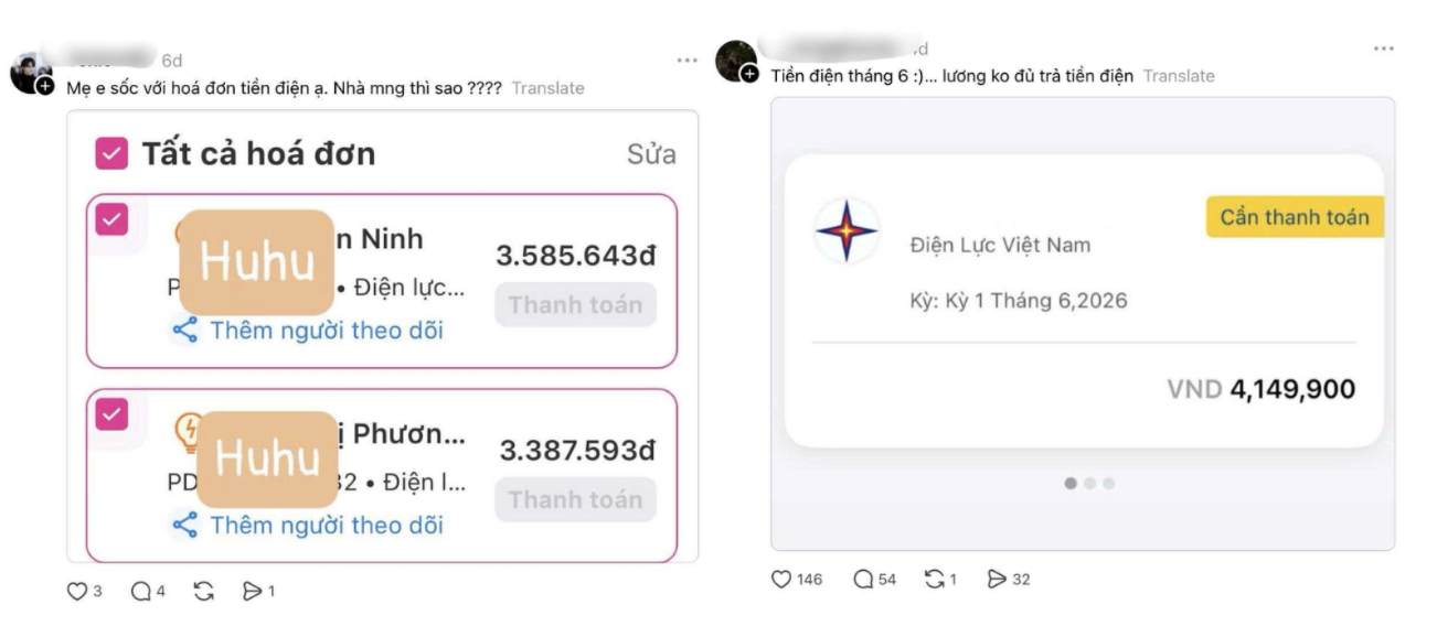 Nhiều tài khoản trên MXH đăng tải hóa đơn tiền điện tháng 6 với mức chi tăng đáng kể (Ảnh: Threads)