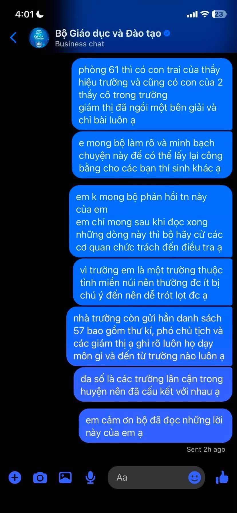 Tin nhắn người dân tố cáo phòng thi 61 tại Trường THPT Lê Trực xảy ra gian lận