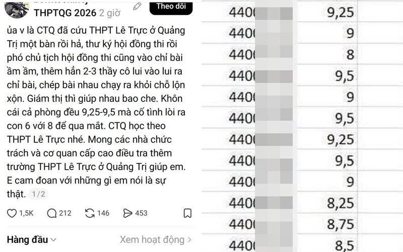 Thông tin gian lận thi cử xảy ra tại Trường THPT Lê Trực đang lan truyền trên MXH