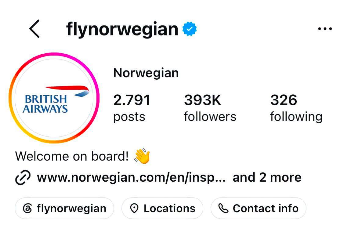 Norwegian Air cuối tuần qua đã đổi avatar là logo của British Airways.