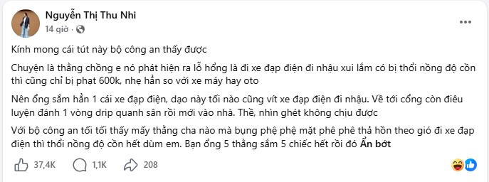Bài đăng trên trang cá nhân của Thu Nhi.