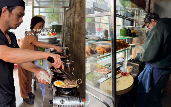 Một góc bếp mở nơi đầu bếp liên tục làm bò né trên những chiếc chảo gang nhỏ.