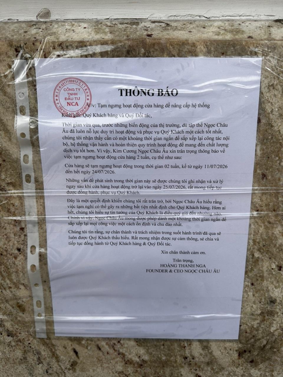 Thông báo từ Công ty TNHH đầu tư NCA