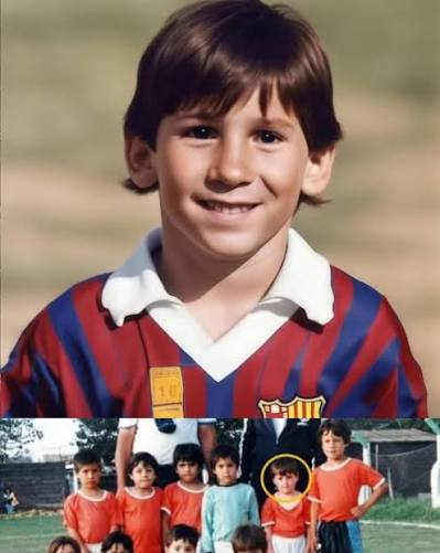 Cậu bé Messi nhỏ nhắn giữa các bạn đang cao lớn.