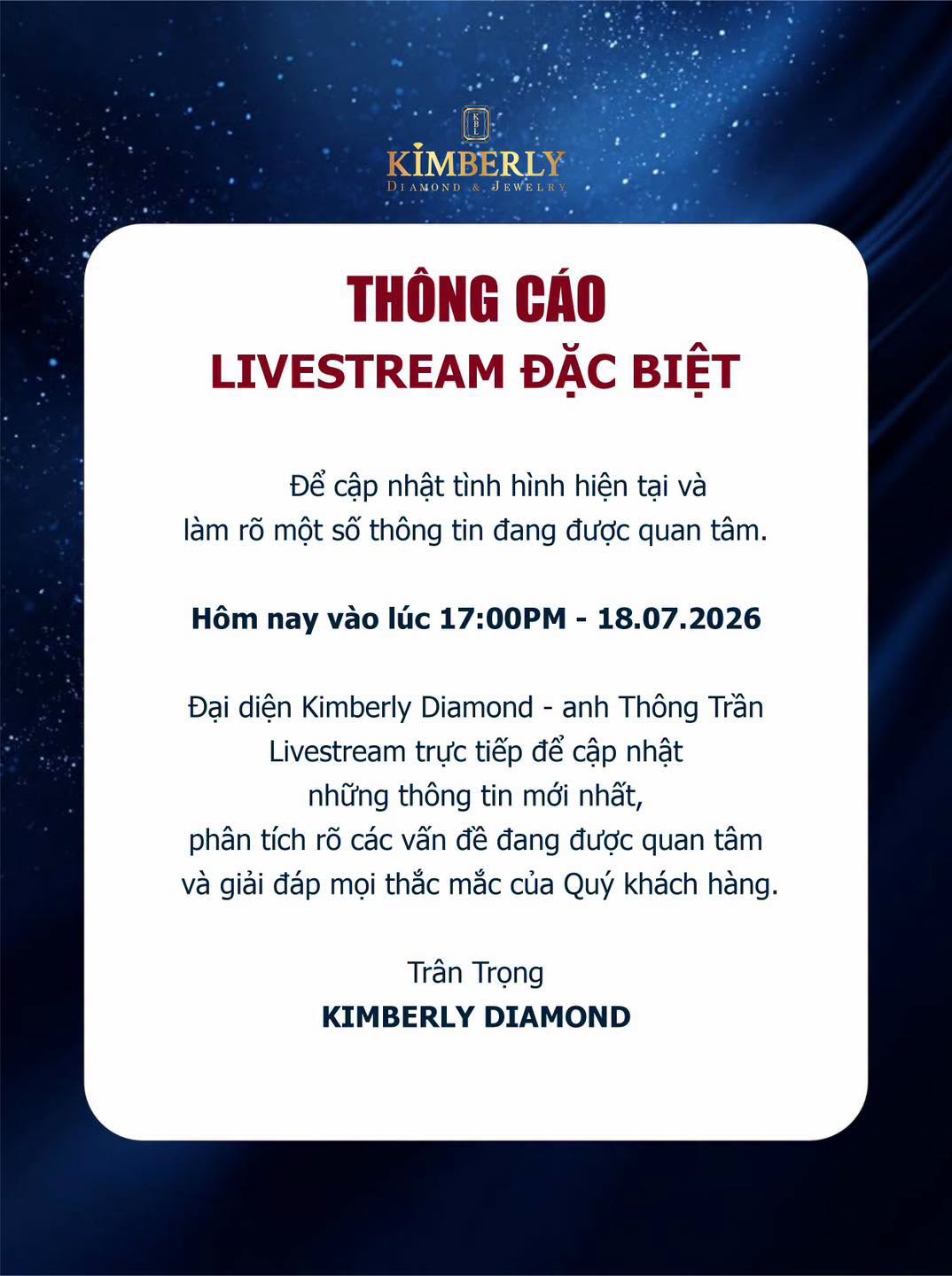 Thông báo của Kimberly Diamond trên fanpage. Ảnh: Kimberly Diamond.