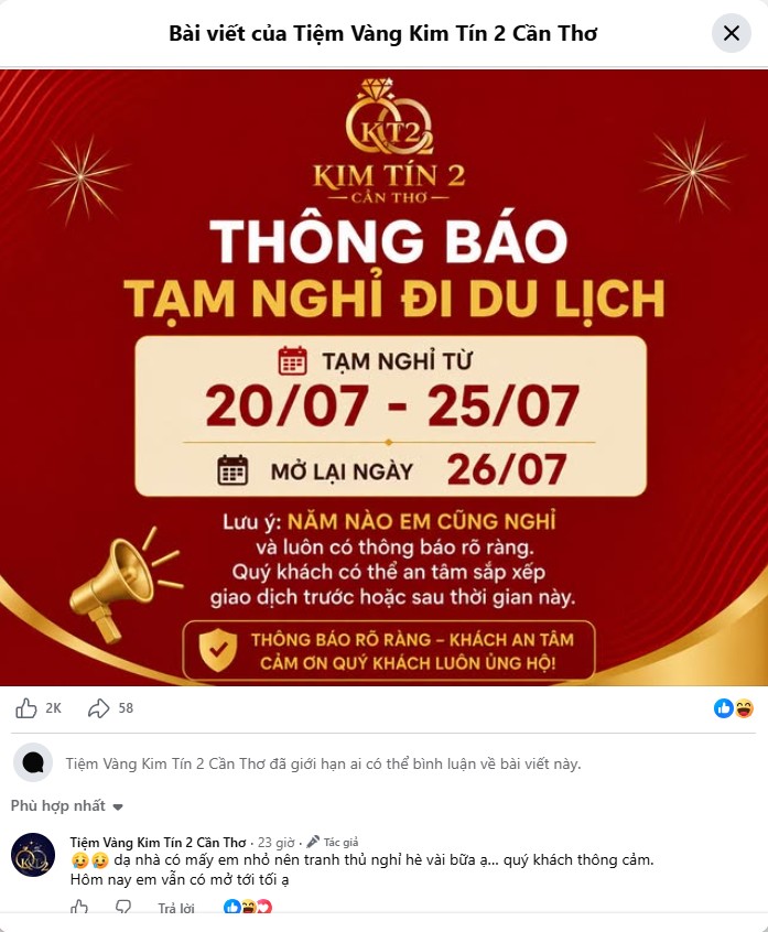 Thông báo và lời giải thích có phần chân thật, hài hước trên fanpage tiệm vàng.
