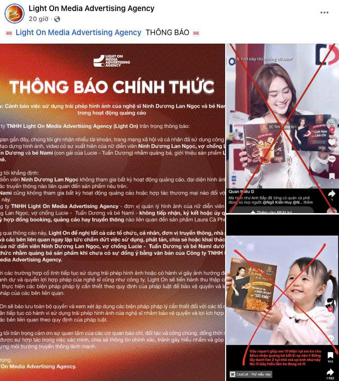 Thông tin được đăng tải trên trang Facebook cá nhân của đơn vị quản lý hình ảnh của Ninh Dương Lan Ngọc
