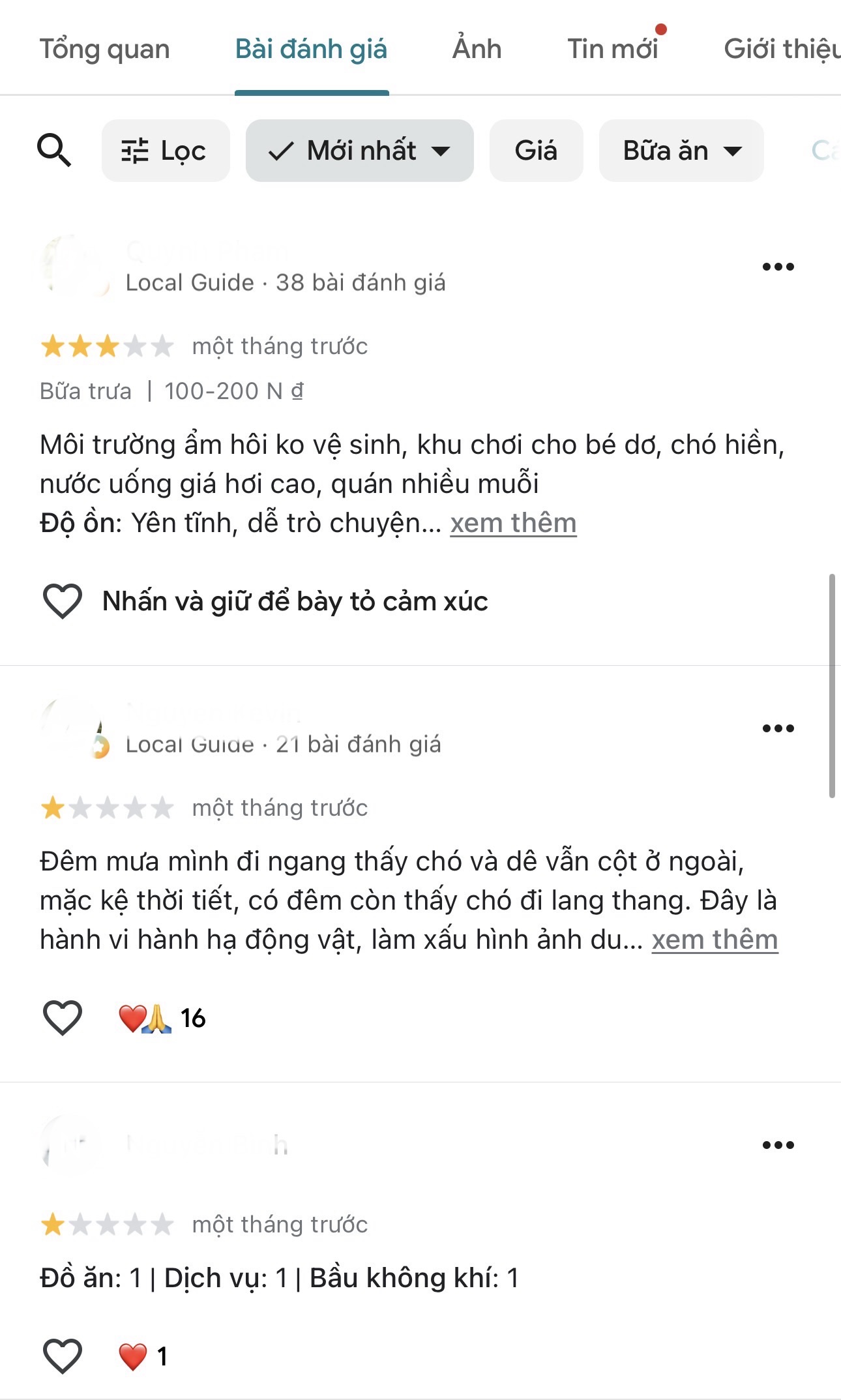 Các đánh giá 1 sao của khách hàng.