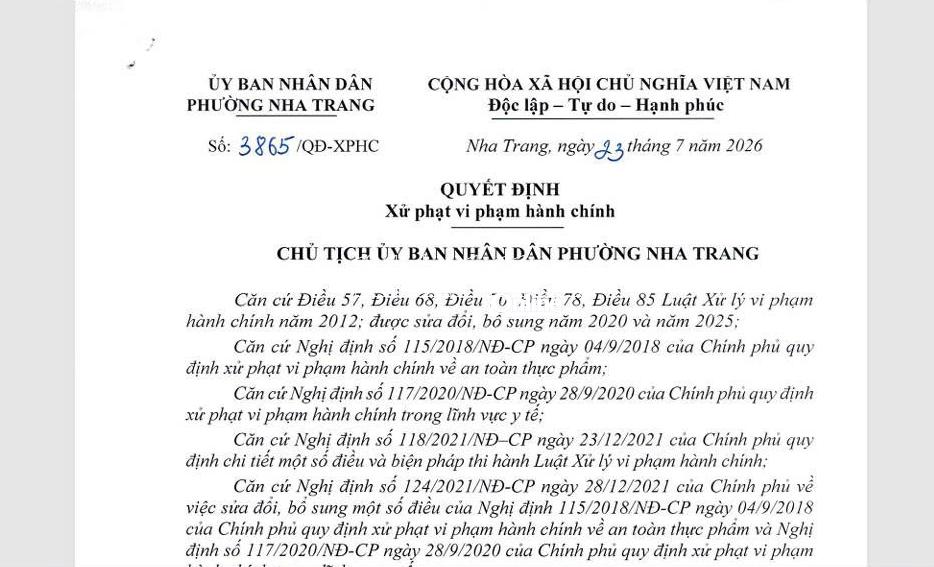 Quyết định xử phạt hành chính được ban hành (Ảnh: Báo Khánh Hoà)