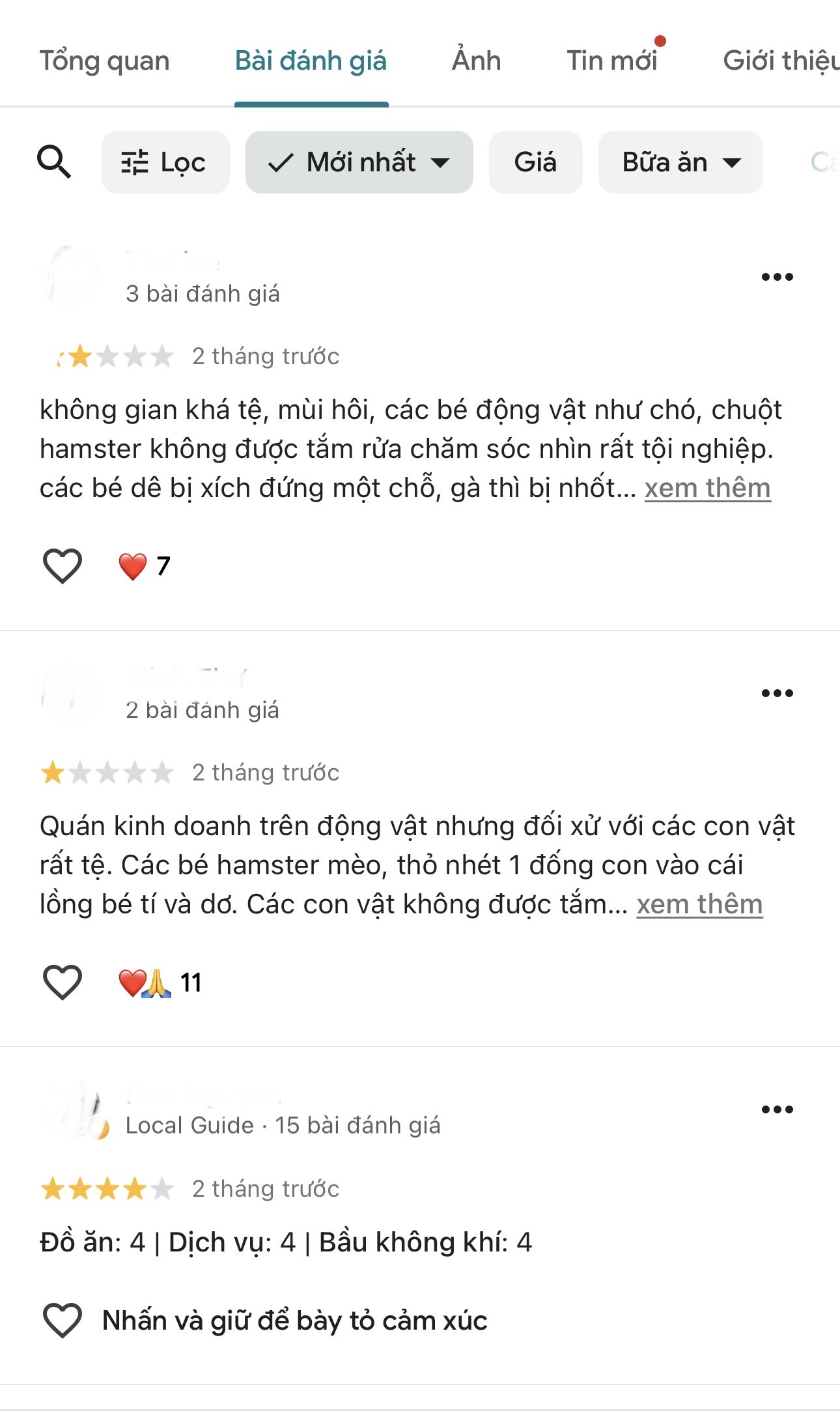 Các đánh giá 1 sao của khách hàng.