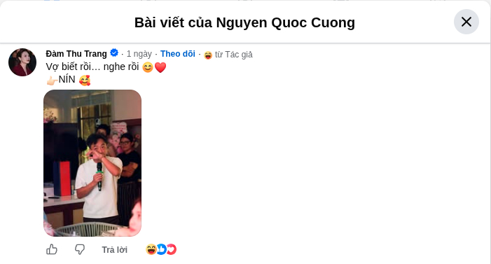 Màn tương tác ngắn gọn nhưng vui vẻ của hai vợ chồng tiếp tục khiến người hâm mộ thích thú. Ảnh: Nguyen Quoc Cuong.