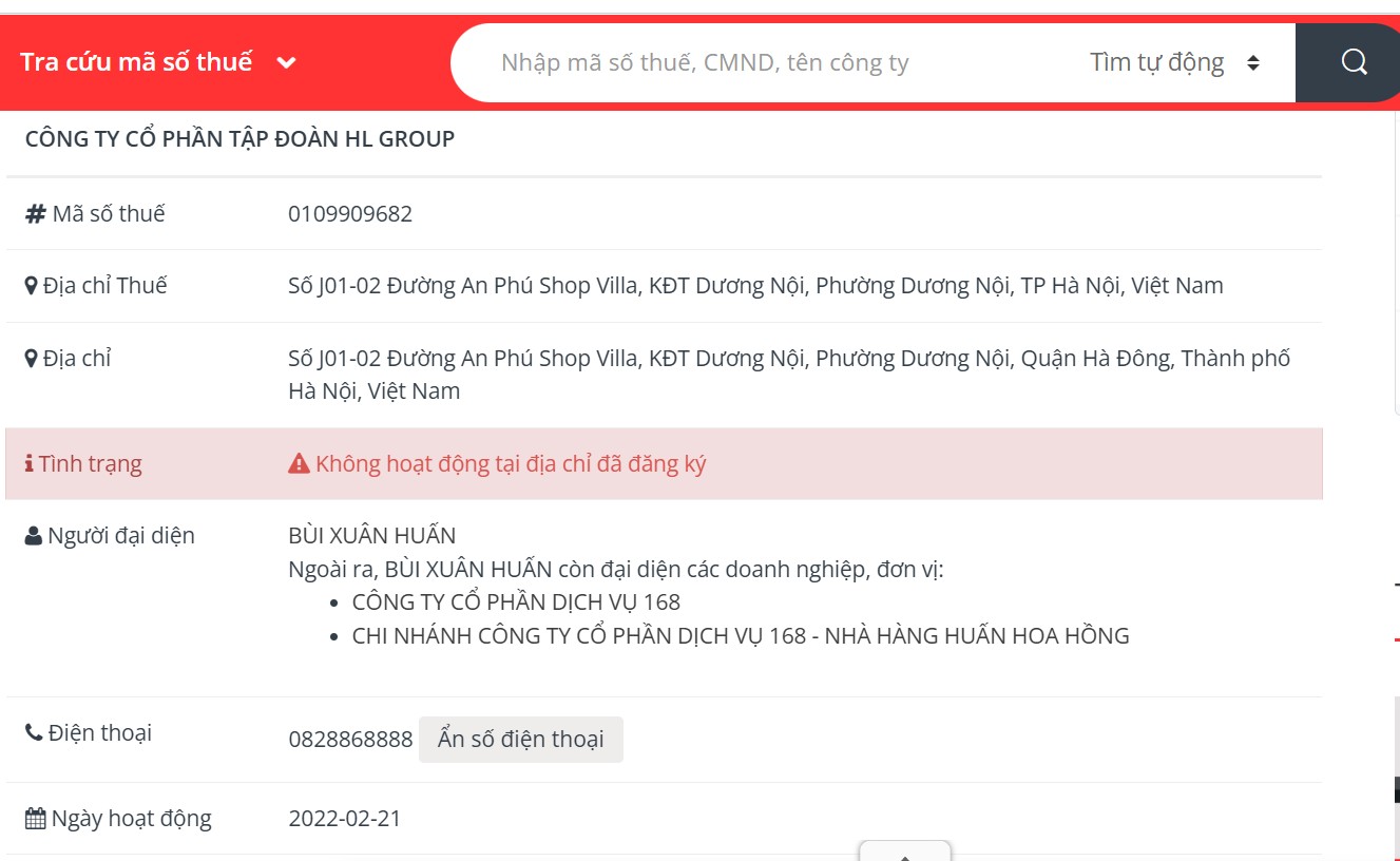 Thông tin về Người đại diện theo pháp luật của Công ty cổ phần Tập đoàn HL Group - Ảnh chụp màn hình