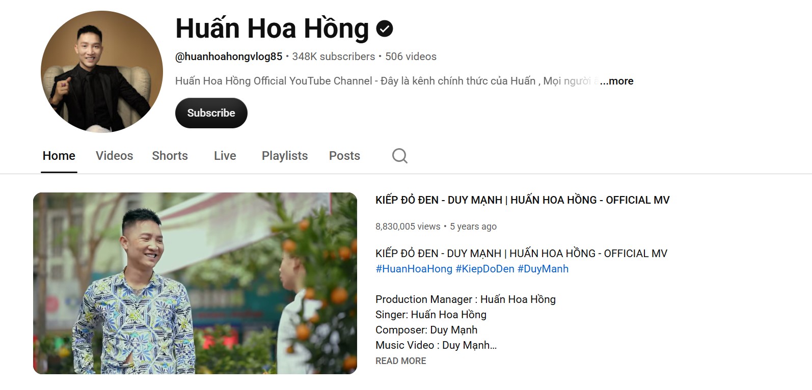 Kênh Youtube của Huấn Hoa Hồng - Ảnh chụp màn hình