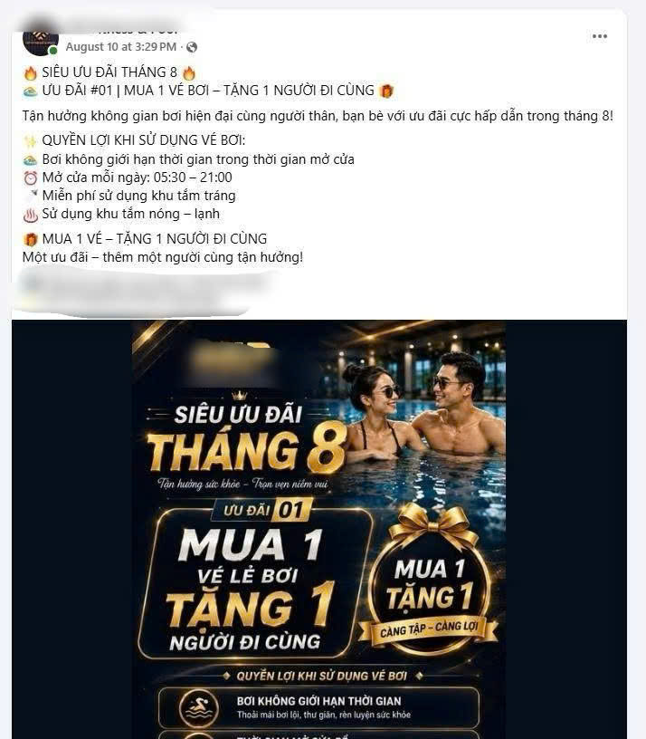 Fanpage của phòng tập đăng bài quảng bá chương trình ưu đãi tháng 8 (Ảnh: Chụp màn hình)