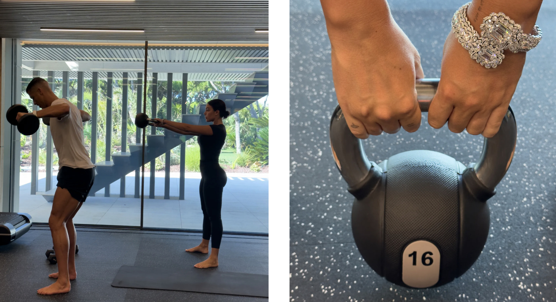 Những hình ảnh đời thường của cặp đôi, Georgina nâng tạ kettlebell trong khi đeo chiếc vòng tay kim cương thuộc bộ sưu tập Garden of Kalahari của Chopard (Ảnh: Vogue)