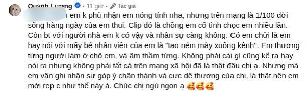 Quỳnh Lương thẳng thắn chia sẻ quan điểm trước những nhận xét liên quan đến cách ứng xử của cô (Ảnh: FBNV)