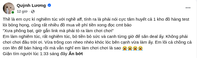 Quỳnh Lương lên tiếng về công việc affiliate của mình (Ảnh: FBNV)
