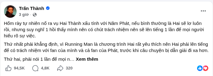   Bài chia sẻ được Trấn Thành đăng tải trên trang Facebook cá nhân với hơn 18 triệu người theo dõi của mình (Ảnh: Facebook)  