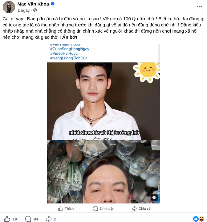 Dòng trạng thái của Mạc Văn Khoa khiến cộng đồng mạng vừa bất ngờ, vừa bật cười trước tình huống “vỡ nợ từ lúc nào không hay” (Ảnh: FBNV)