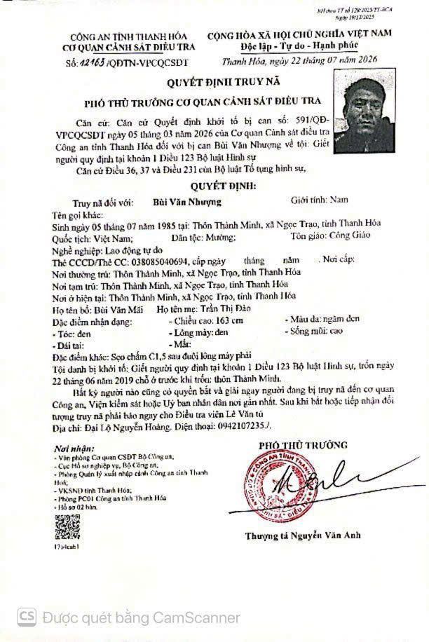 Quyết định truy nã đối với Bùi Văn Nhượng của Cơ quan Cảnh sát điều tra Công an tỉnh Thanh Hóa
