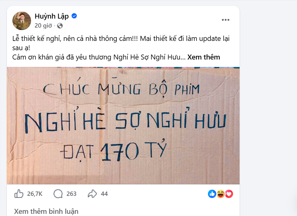 Huỳnh Lập vui mừng thông báo tới fan hâm mộ về doanh thu bộ phim Nghỉ hè sợ nghỉ hưu