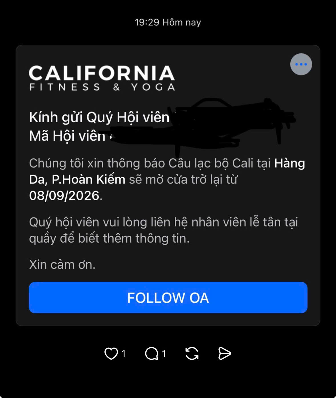 Thông báo về việc mở cửa trở lại cơ sở được một hội viên chia sẻ trên mạng xã hội (Ảnh: Threads)