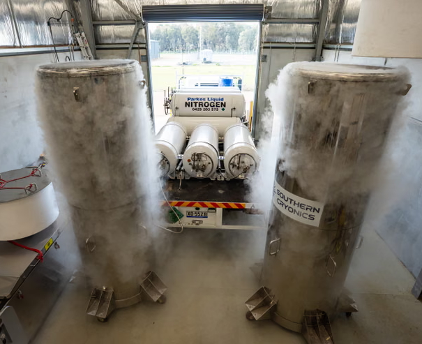 Hai bình Dewar cao lớn được sử dụng để bảo quản thi thể tại cơ sở Southern Cryonics. Ảnh: The Guardian