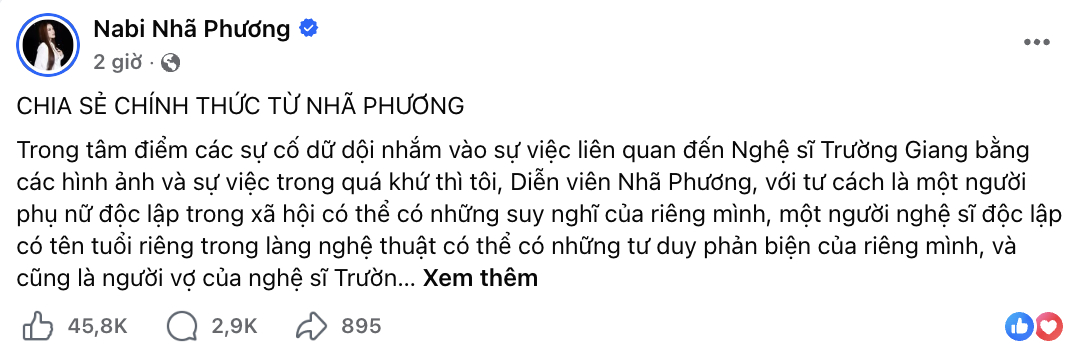 Những dòng chia sẻ mới nhất được nữ diễn viên đăng tải thu hút sự chú ý (Ảnh: FBNV)