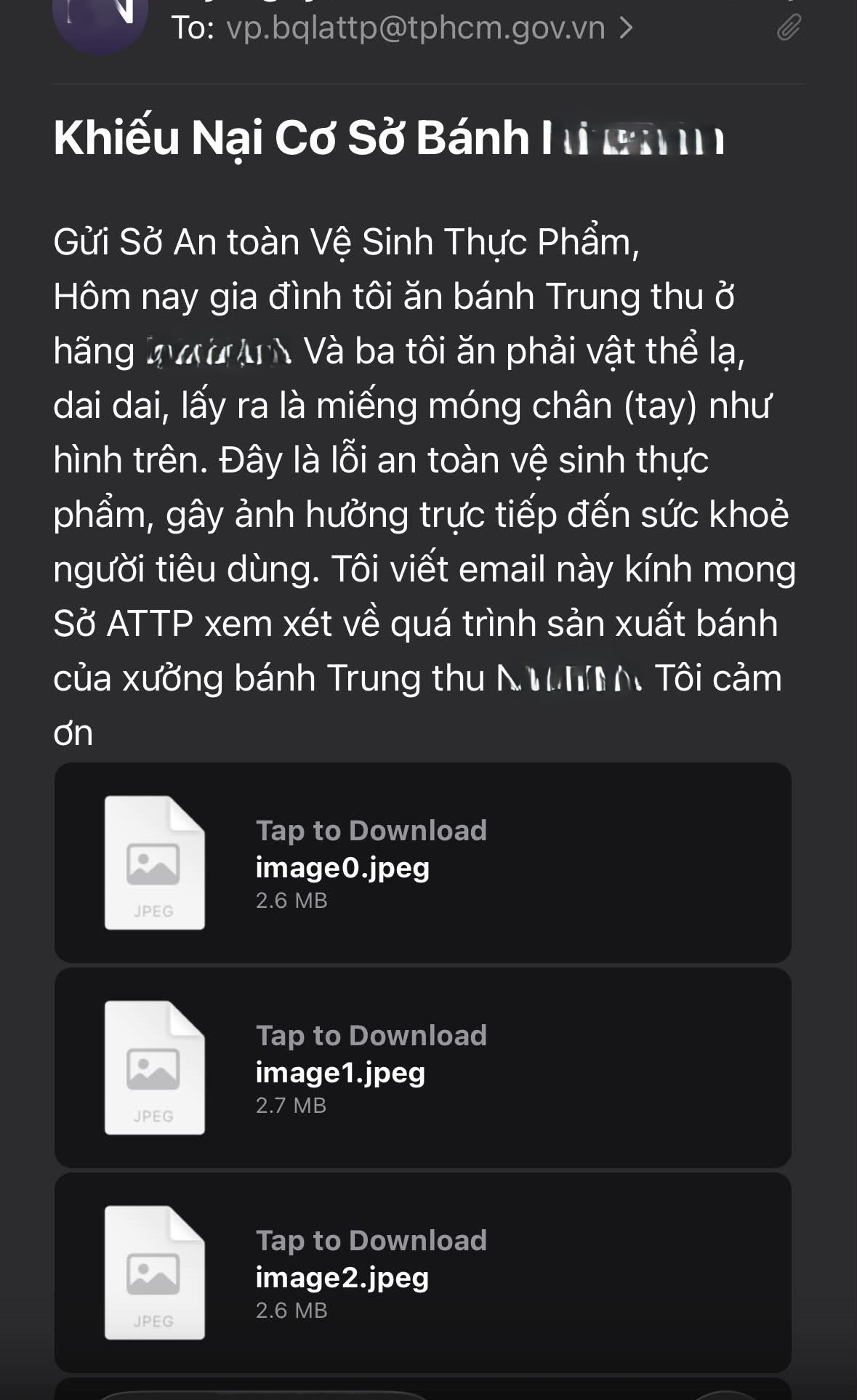 Email chị M.N phản ánh lên cấp có thẩm quyền. Ảnh: NVCC