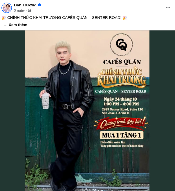 Trước đó vài ngày, nam ca sĩ cũng thông báo khai trương một cơ sở thuộc hệ thống Cafés Quán tại Mỹ, sau hơn một năm chuẩn bị (Ảnh: FBNV)