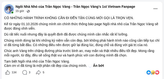 Fansite của nam diễn viên thông báo ngừng hoạt động từ tháng 10.2026