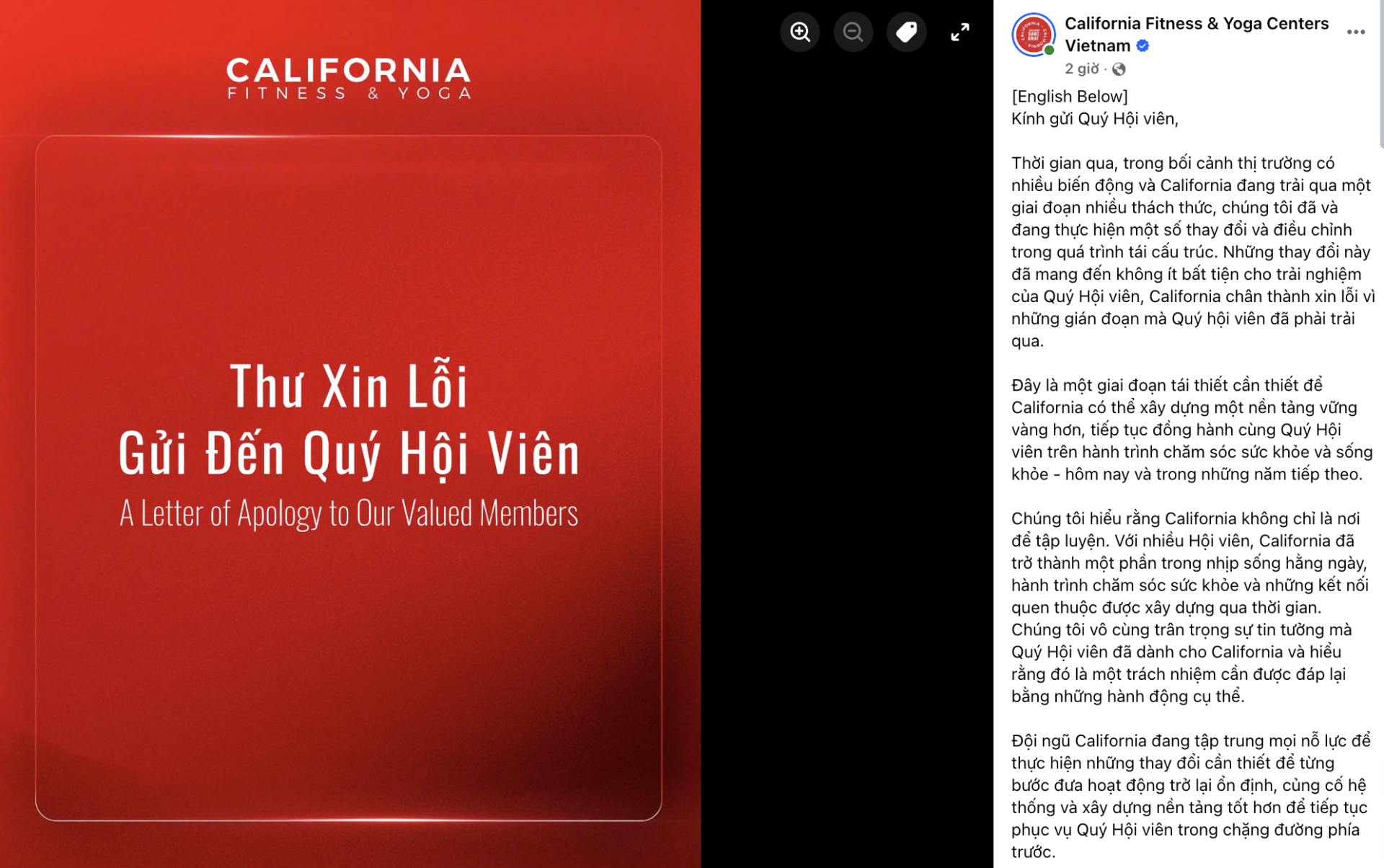 Thông báo mới nhất được California Fitness & Yoga đăng tải trên Fanpage California Fitness & Yoga Centers Vietnam với hơn 1,6 triệu người theo dõi (Ảnh: California Fitness & Yoga Centers Vietnam)